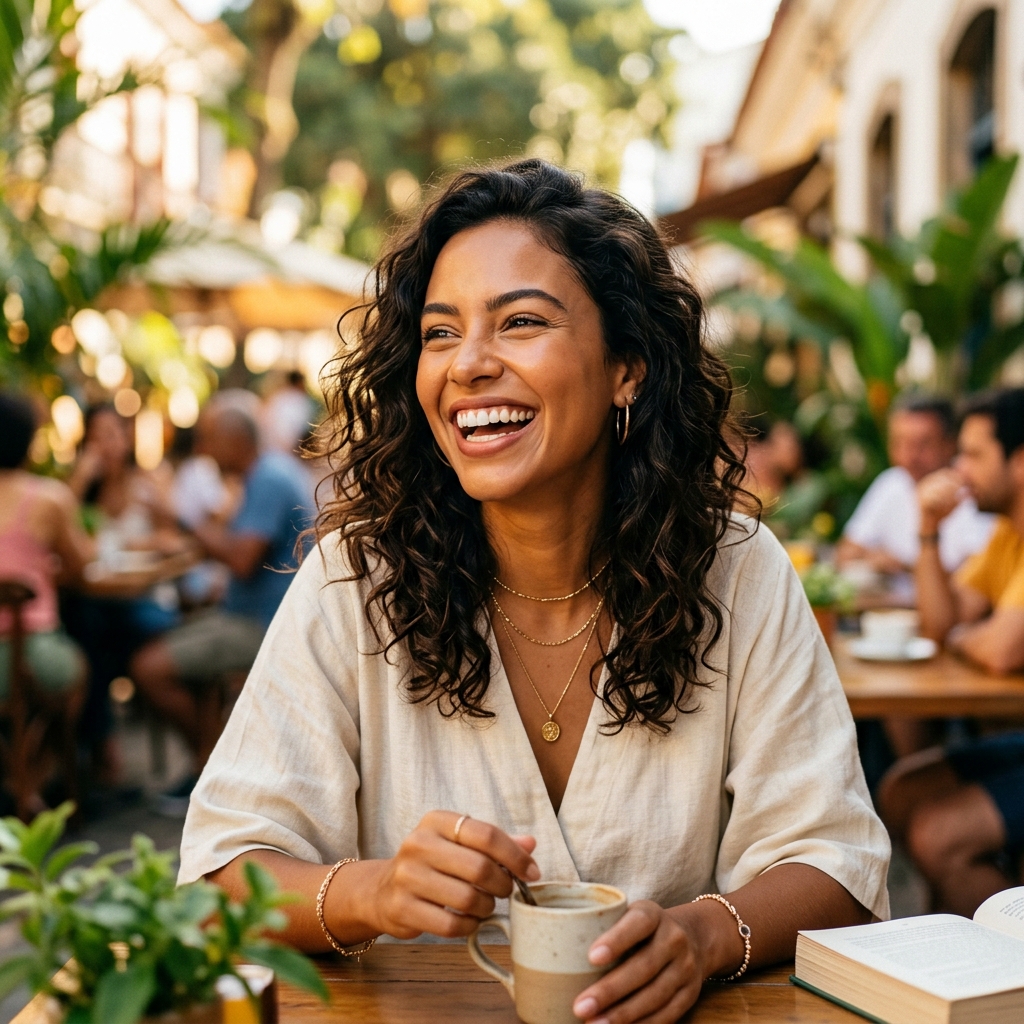 Mulher feliz sorrindo, exibindo dentes perfeitamente naturais e lindos